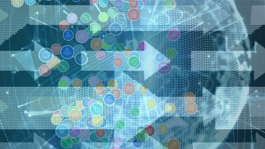 Animation of digital icons and arrows over globe with network of connections in background. global technology, connections and digital interface concept digitally generated video. - Powered by Shutterstock - Get 15% off with code: PIKWIZARD15