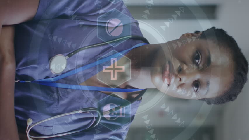 Animation of medical data processing over african american female doctor. Global medicine, healthcare, digital interface, computing and data processing concept digitally generated video. - Powered by Shutterstock - Get 15% off with code: PIKWIZARD15