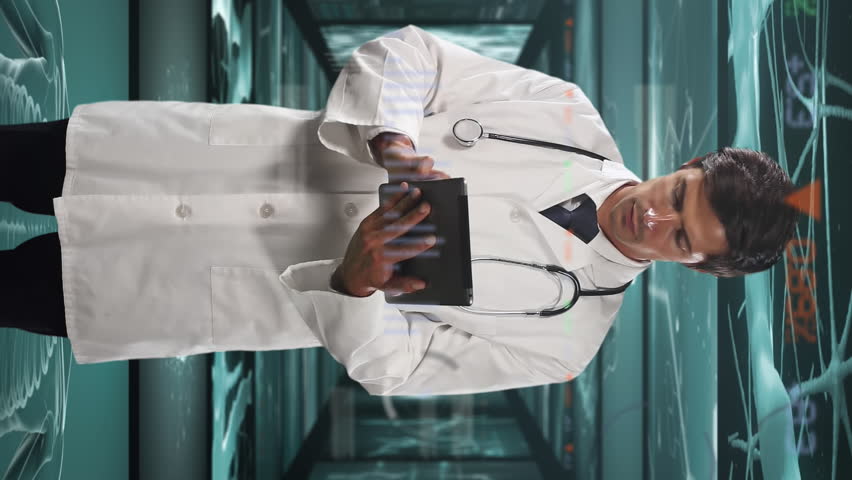 Animation of male doctor using tablet, with DNA, cells and medical data on screens processing in the background. Global digital network science and medicine concept digitally generated image. - Powered by Shutterstock - Get 15% off with code: PIKWIZARD15