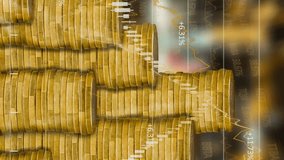 Animation of financial data processing over stacks of gold coins. Global business, finances, computing and data processing concept digitally generated video. - Powered by Shutterstock - Get 15% off with code: PIKWIZARD15