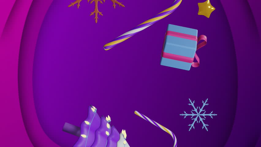 Christmas tree, decorations, gift and candy canes floating over purple background. Christmas, tradition and celebration digitally generated video.