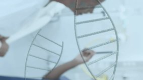 Animation of dna strands over african american female doctor checking sight of senior female patient. Check up, data, digital interface, connection, hospital and healthcare, digitally generated video. - Powered by Shutterstock - Get 15% off with code: PIKWIZARD15