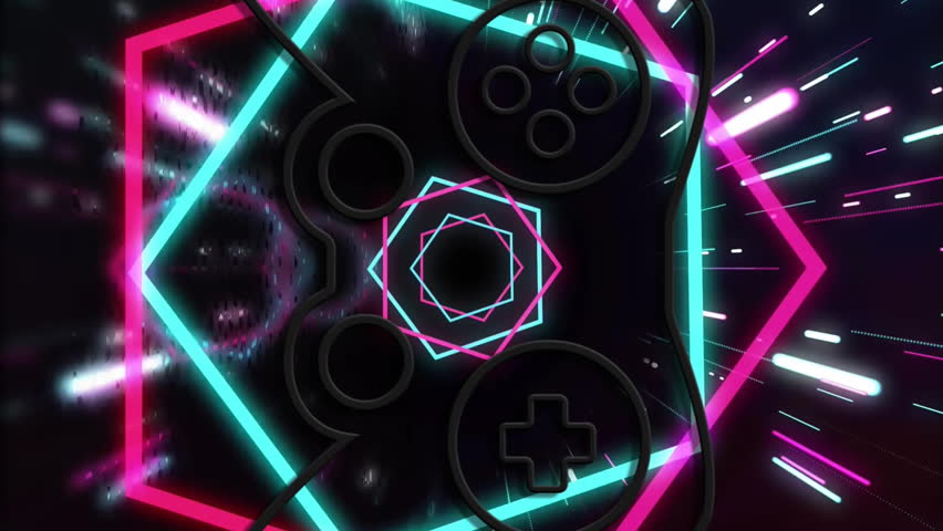 Animation of neon video game pad and icons on black background. Global video game, digital interface, communication, computing and data processing concept digitally generated video. - Powered by Shutterstock - Get 15% off with code: PIKWIZARD15
