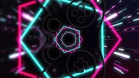 Animation of neon video game pad and icons on black background. Global video game, digital interface, communication, computing and data processing concept digitally generated video. - Powered by Shutterstock - Get 15% off with code: PIKWIZARD15