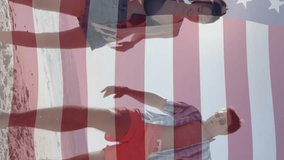 Animation of flag of usa and light trails over diverse friends playing football on beach. Patriotism and celebration concept digitally generated video. - Powered by Shutterstock - Get 15% off with code: PIKWIZARD15