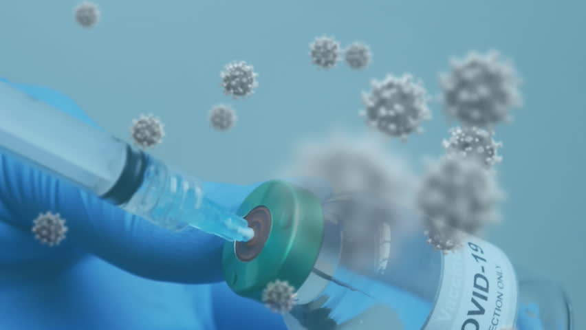 Animation of covid 19 cells and gloved hands filling syringe with vaccine from vial. healthcare and protection during coronavirus covid 19 pandemic, digitally generated video. - Powered by Shutterstock - Get 15% off with code: PIKWIZARD15