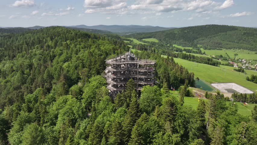 Aerial view of the tree top observation tower in resort town Krynica-Zdroj, Poland