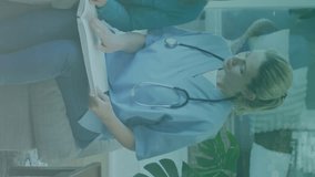 Animation of medical icons over senior caucasian woman and female doctor reading braille. medical and healthcare services concept digitally generated video. - Powered by Shutterstock - Get 15% off with code: PIKWIZARD15