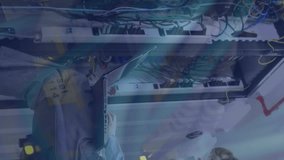 Animation of server room over caucasian female worker inspecting and using laptop in server room. cloud computing and data processing concept digitally generated video. - Powered by Shutterstock - Get 15% off with code: PIKWIZARD15