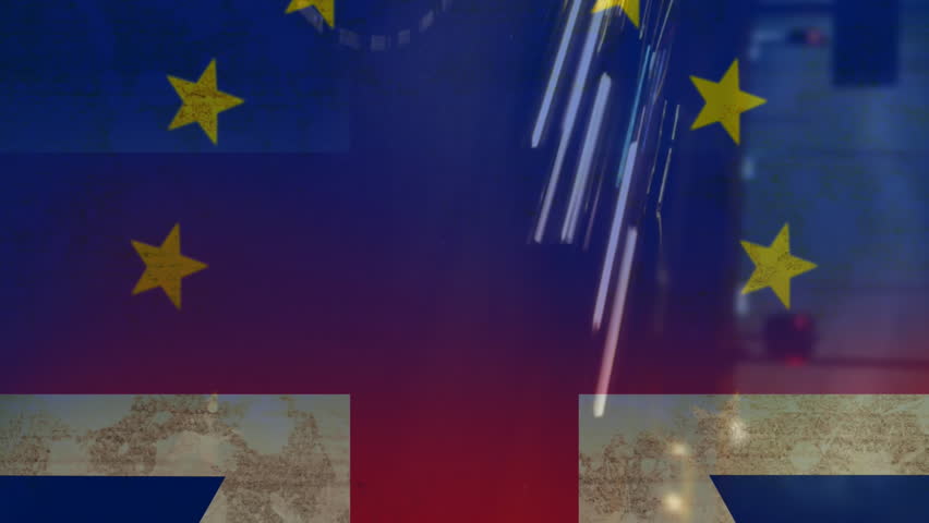 Headlights of car in urban area against animated EU and Britan flag