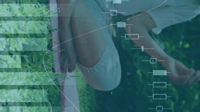 Animation of graphs, data and statistics over Caucasian woman meditating. Public health pandemic coronavirus Covid 19 social distancing and self isolation in quarantine lockdown concept digital compos - Powered by Shutterstock - Get 15% off with code: PIKWIZARD15