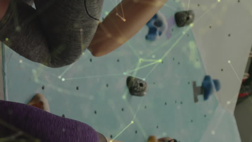 Animation of data processing with connections over caucasian women climbing wall. Global sports, science, computing, digital interface and data processing concept digitally generated video.