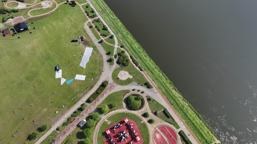 Aerial view of City Park in Tczew and Vistula River, Poland