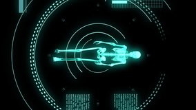 Animation of data processing with scope scanning and human skeleton on black background. Global technology, computing and digital interface concept digitally generated video. - Powered by Shutterstock - Get 15% off with code: PIKWIZARD15