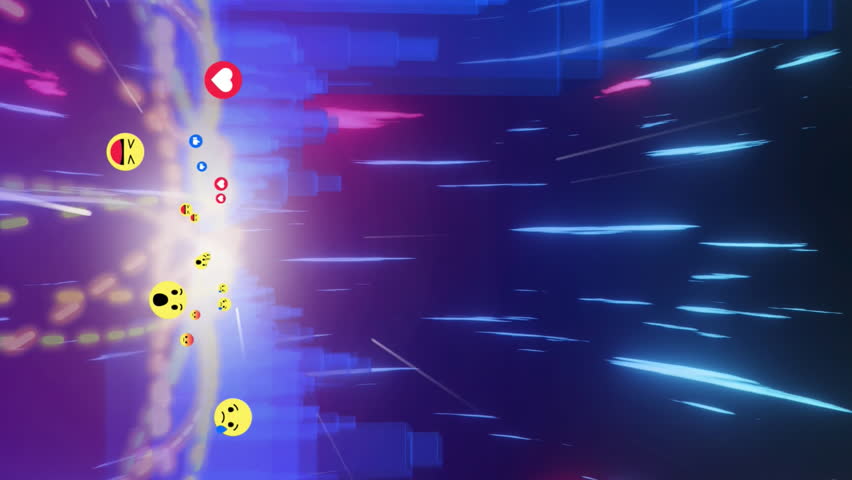 Animation of digital emoji icons and glowing lights over model of city on black background. Global digital network technology concept digitally generated image.