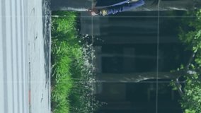 Statistical data processing against woman wearing face mask with trolley bag crossing the street. global finances and coronavirus covid 19 pandemic concept - Powered by Shutterstock - Get 15% off with code: PIKWIZARD15