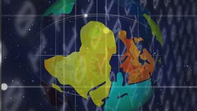 Animation of data processing behind spinning globe on blue background. global connections, data processing and digital interface concept digitally generated video. - Powered by Shutterstock - Get 15% off with code: PIKWIZARD15