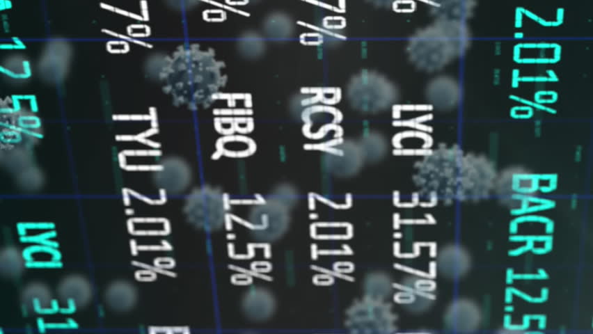 Animation of Covid-19 cells, stock market and glowing financial data processing on black background. Global finances business concept digitally generated image. - Powered by Shutterstock - Get 15% off with code: PIKWIZARD15