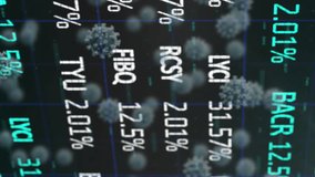 Animation of Covid-19 cells, stock market and glowing financial data processing on black background. Global finances business concept digitally generated image. - Powered by Shutterstock - Get 15% off with code: PIKWIZARD15