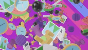 Animation of various 3d media icons advancing over abstract shapes on purple background. Retro, technology, connection, network, media and digital interface, digitally generated video. - Powered by Shutterstock - Get 15% off with code: PIKWIZARD15