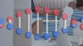 Animation of dna strand over diverse male doctor and patient in hospital. Global medicine, science, data processing and digital interface concept digitally generated video. - Powered by Shutterstock - Get 15% off with code: PIKWIZARD15