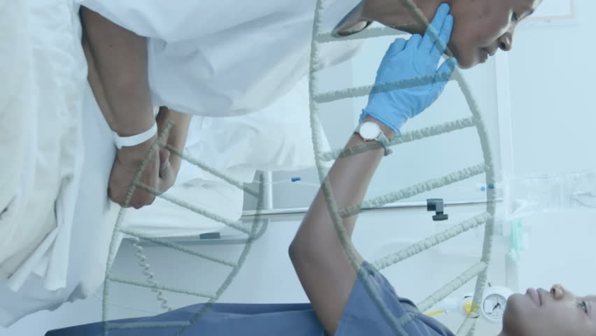 Animation of dna strands over african american female doctor giving senior patient check up. Check up, data, digital interface, connection, hospital and healthcare, digitally generated video. - Powered by Shutterstock - Get 15% off with code: PIKWIZARD15