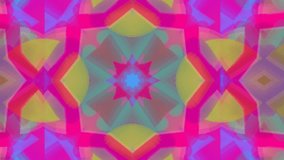 Animation of kaleidoscopic colourful pink, green and yellow shapes moving hypnotically on purple background. Colour, light and movement concept digitally generated image - Powered by Shutterstock - Get 15% off with code: PIKWIZARD15