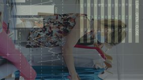 Animation of digital interface showing statistics with woman checking dresses wearing face masks. Healthcare and protection during coronavirus covid 19 pandemic, digitally generated video - Powered by Shutterstock - Get 15% off with code: PIKWIZARD15