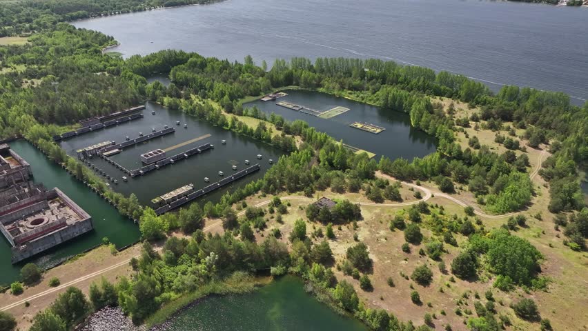 Aerial view of an abandoned unfinished nuclear power plant construction site in Zarnowiec, Poland