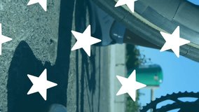 Animation of flag of usa and stars over caucasian woman cycling. global sport and digital interface concept digitally generated video. - Powered by Shutterstock - Get 15% off with code: PIKWIZARD15
