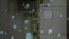 Animation of 3d city model and icons over caucasian warehouse worker. Global shipping and connections concept digitally generated video. - Powered by Shutterstock - Get 15% off with code: PIKWIZARD15