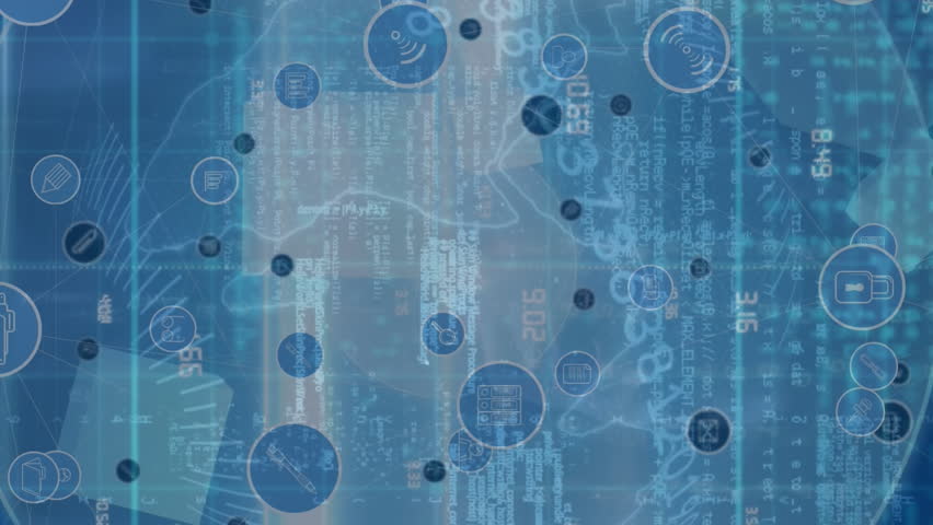 Animation of network of connections with icons over globe. Global connections, data processing and digital interface concept digitally generated video. - Powered by Shutterstock - Get 15% off with code: PIKWIZARD15