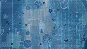 Animation of network of connections with icons over globe. Global connections, data processing and digital interface concept digitally generated video. - Powered by Shutterstock - Get 15% off with code: PIKWIZARD15