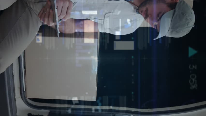 Animation of world map over delivery man next to a car. Global business, finances, connections, technology, data processing and digital interface concept digitally generated video. - Powered by Shutterstock - Get 15% off with code: PIKWIZARD15