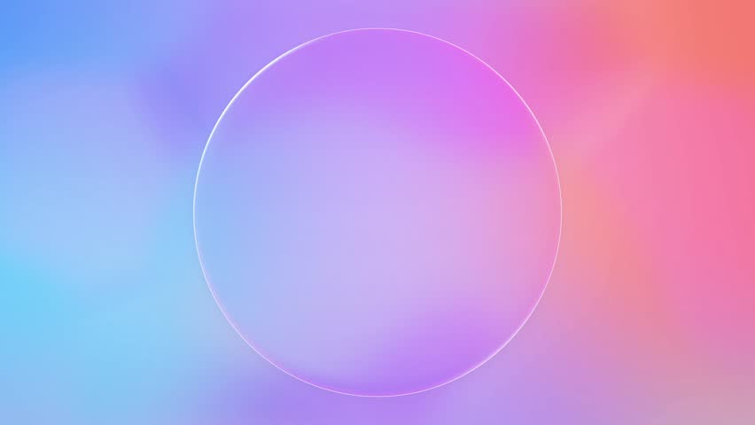 Beautiful transparent circle glass frame background, realistic blank liquid glassmorphism user interface, abstract empty frosted plate on pink colorful gradient, blur animated UI display design loop