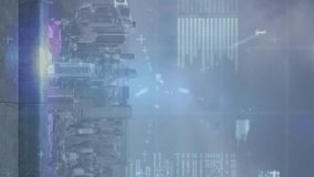 Animation of statistical data processing and light spots against aerial view of cityscape. Business data technology concept - Powered by Shutterstock - Get 15% off with code: PIKWIZARD15