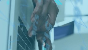 Animation of graphs and trading board over midsection of african american woman working on laptop. Digital composite, multiple exposure, report, business, stock market and technology concept. - Powered by Shutterstock - Get 15% off with code: PIKWIZARD15