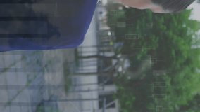 Animation of multiple graphs over rear view of woman walking and using smartphone. Digital composite, multiple exposure, report, business, growth and technology concept. - Powered by Shutterstock - Get 15% off with code: PIKWIZARD15