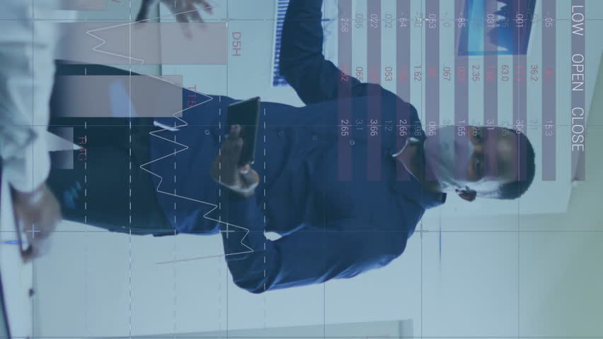 Animation of financial data processing over diverse business people with face masks at meeting. global business and digital interface during covid 19 pandemic concept digitally generated video. - Powered by Shutterstock - Get 15% off with code: PIKWIZARD15