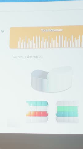 Vertical Video Empty space in a multinational company showcases data insights late at night, forecasting important performance metrics on display in a dark office boardroom. Management project agenda.