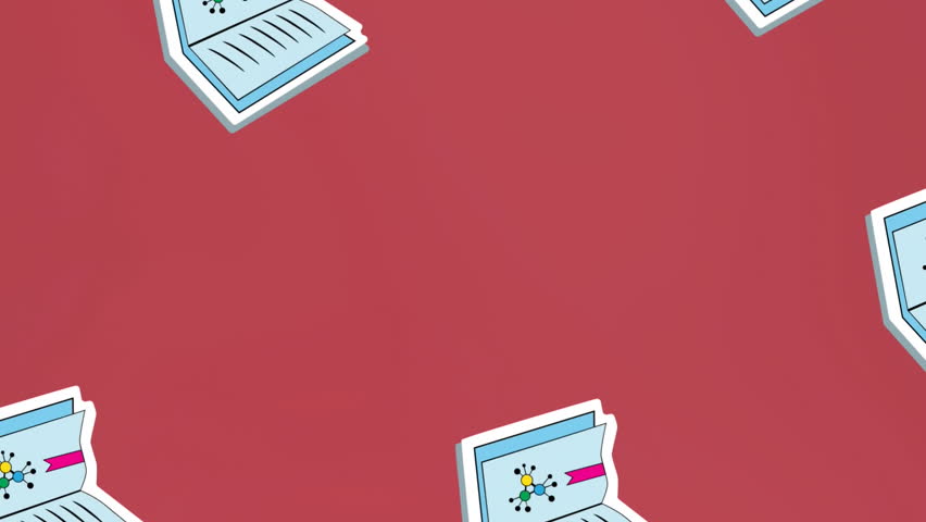 Animation of book icons over red background. national book lovers day and celebration concept digitally generated video.