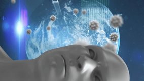 Animation of a digital human head with giant virus models floating on a blue background with a globe model. Coronavirus Covid-19 pandemic concept digital composite. - Powered by Shutterstock - Get 15% off with code: PIKWIZARD15