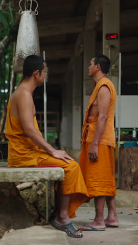 Monk hitting a bell with a mallet in khao phang monastery