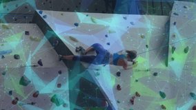 Animation of globe with data processing over caucasian woman climbing wall. Global sports, science, computing, digital interface and data processing concept digitally generated video. - Powered by Shutterstock - Get 15% off with code: PIKWIZARD15