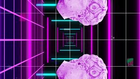 Animation of head sculptures with interference over colorful shapes and leaves on black background. Abstract, light, pattern and movement concept digitally generated video. - Powered by Shutterstock - Get 15% off with code: PIKWIZARD15