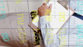 Animation of digital interface with stock exchange numbers over man counting stock in warehouse holding clipboard. Global digital business and financial network digitally generated image. - Powered by Shutterstock - Get 15% off with code: PIKWIZARD15
