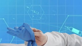 Animation of medical icons and caucasian doctor wearing medical gloves on blue background. Global medicine and digital interface concept digitally generated video. - Powered by Shutterstock - Get 15% off with code: PIKWIZARD15