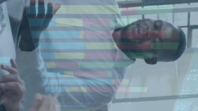 Graphs processing data over diverse colleagues discussing at casual office meeting. Casual business, data, digital interface, teamwork, office and communication digitally generated video. - Powered by Shutterstock - Get 15% off with code: PIKWIZARD15