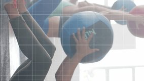 Animation of graph processing data over diverse women cross training with medicine balls at gym. Fitness, exercise, strength, data, digital interface and technology digitally generated video. - Powered by Shutterstock - Get 15% off with code: PIKWIZARD15