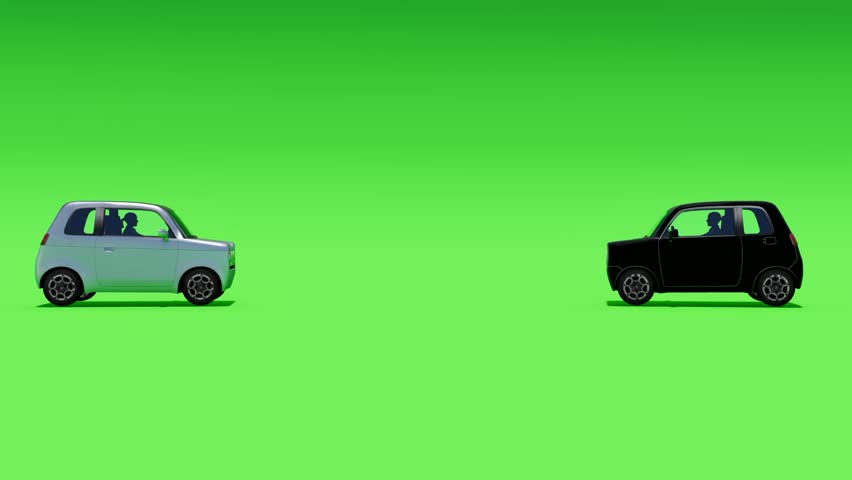 Two small cars facing each other on a green background, ideal for automotive themes, traffic safety, kids toys, urban illustrations.